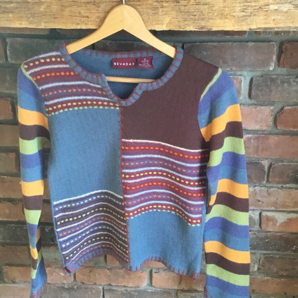 Multicolor Patchwork V-Neck Sweater